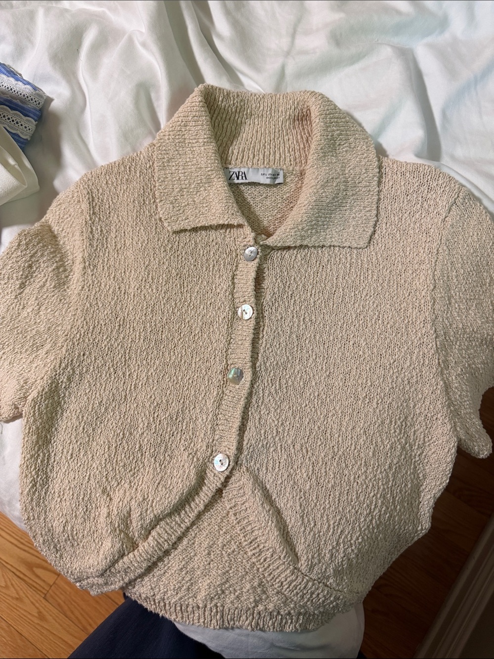 Zara Cream Short-Sleeve Textured Polo Sweater